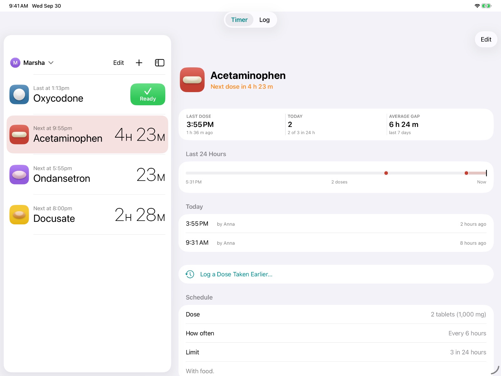Doses on iPad: the medication list beside Acetaminophen's details