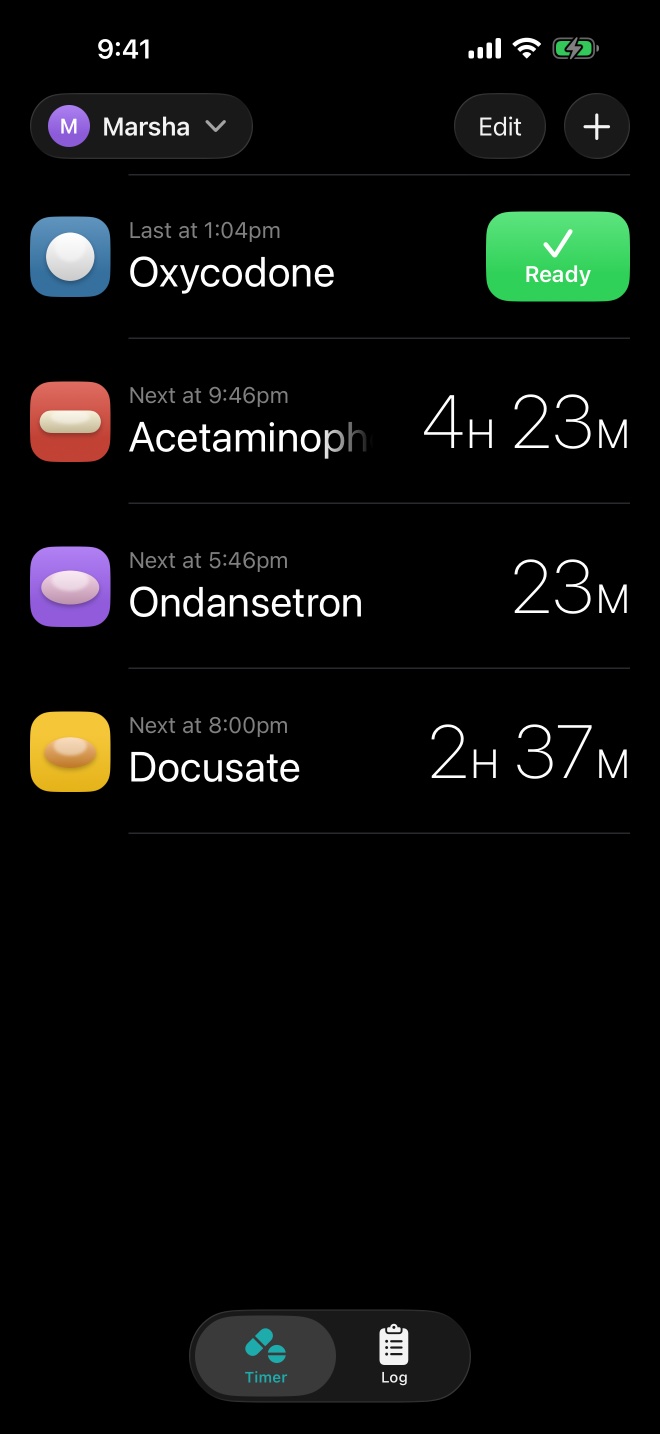 Doses in dark mode: Marsha's medications with countdowns and a Ready button